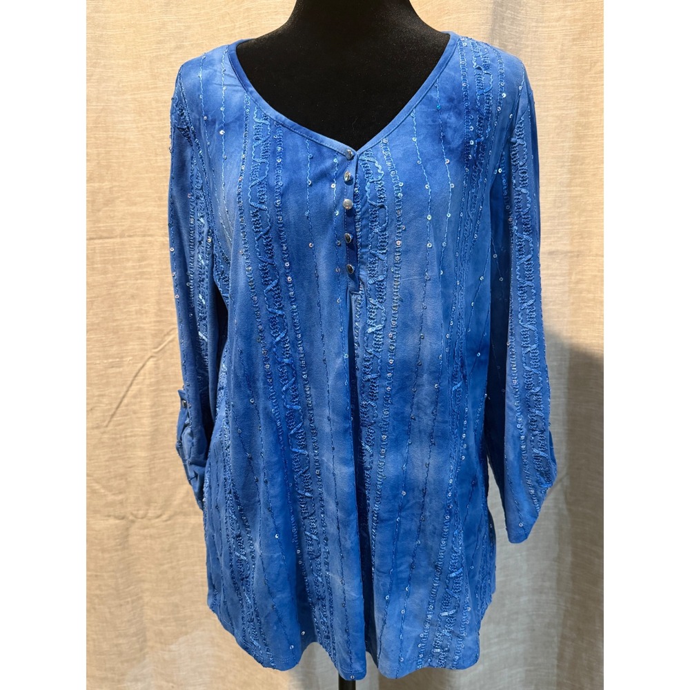 Sami & Jo Blue TieDye Sequin Tunic Top Roll Tab Sleeve Women Large V-Neck Blouse